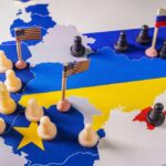 Eu,,Usa,And,Russian,Flags,With,Chess,Pieces,Symbolizing,The