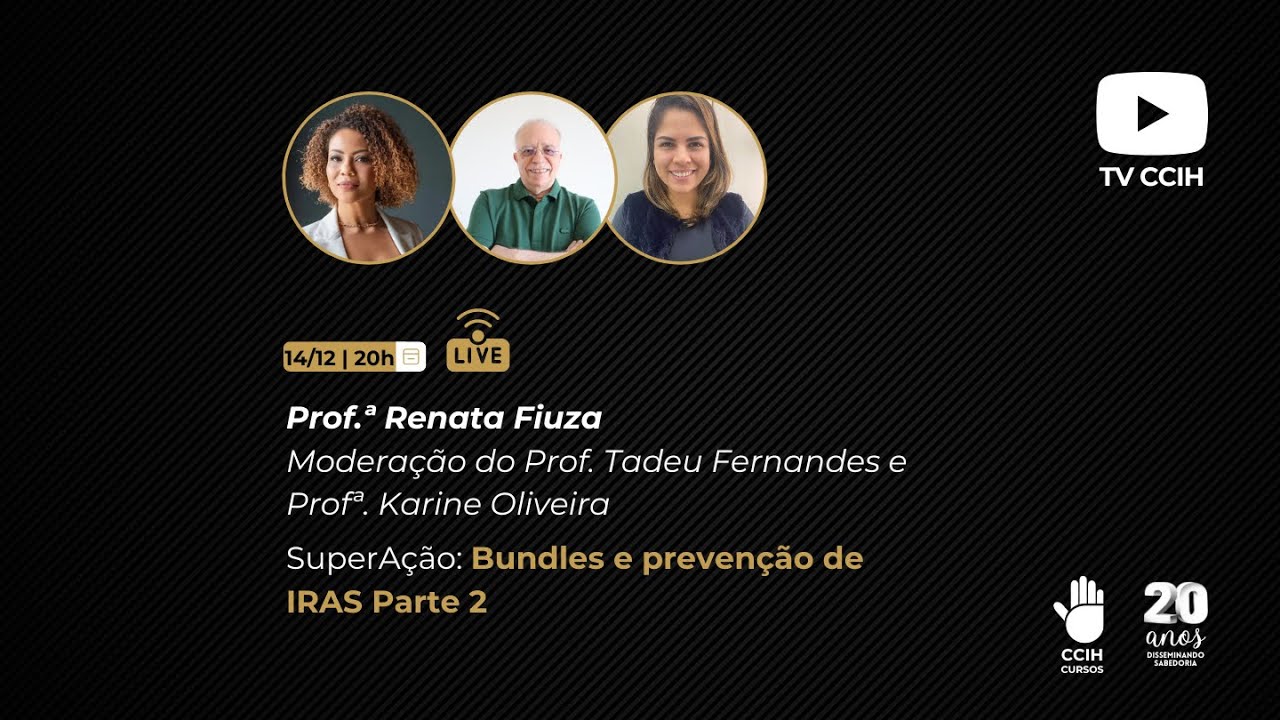 Você gostaria de aprimorar seus conhecimentos na prevenção de Infecções Relacionadas à Assistência à Saúde (IRAS) e aprender estratégias eficazes para implementar e gerenciar os Bundles de prevenção? Então, esta live é para você! Receberemos a professora Renata Fiuza para conversar sobre esse conjunto de práticas baseadas em evidências que têm revolucionado a maneira como lidamos com a prevenção de infecções nos ambientes de saúde. Aproveite a live para revisar o conceito, aprender novos fluxos de trabalho e aprimorar sua atuação profissional. Moderação com Tadeu Fernandes